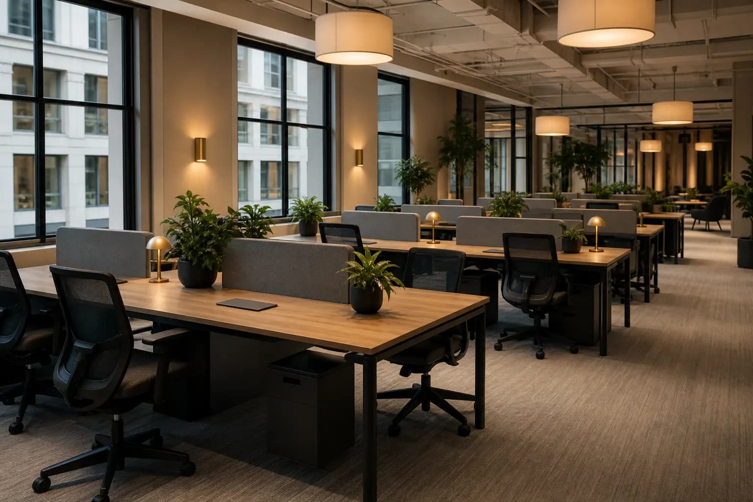 Bright open-plan coworking desks with natural light