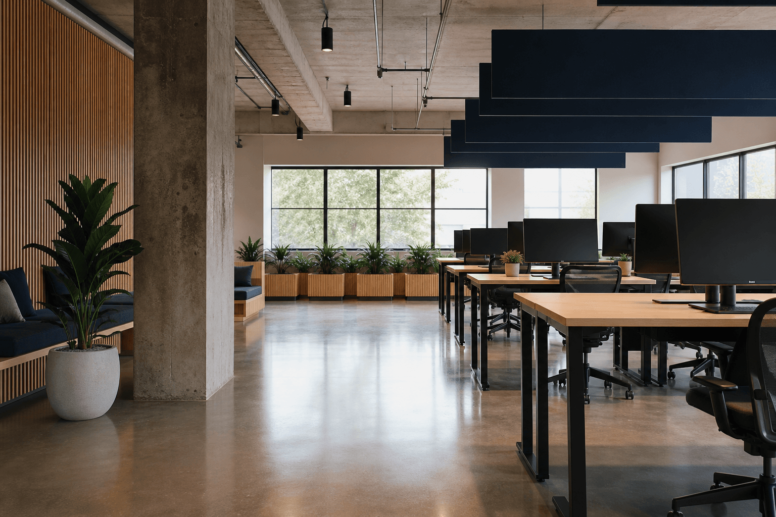 Open-plan coworking desks with natural light