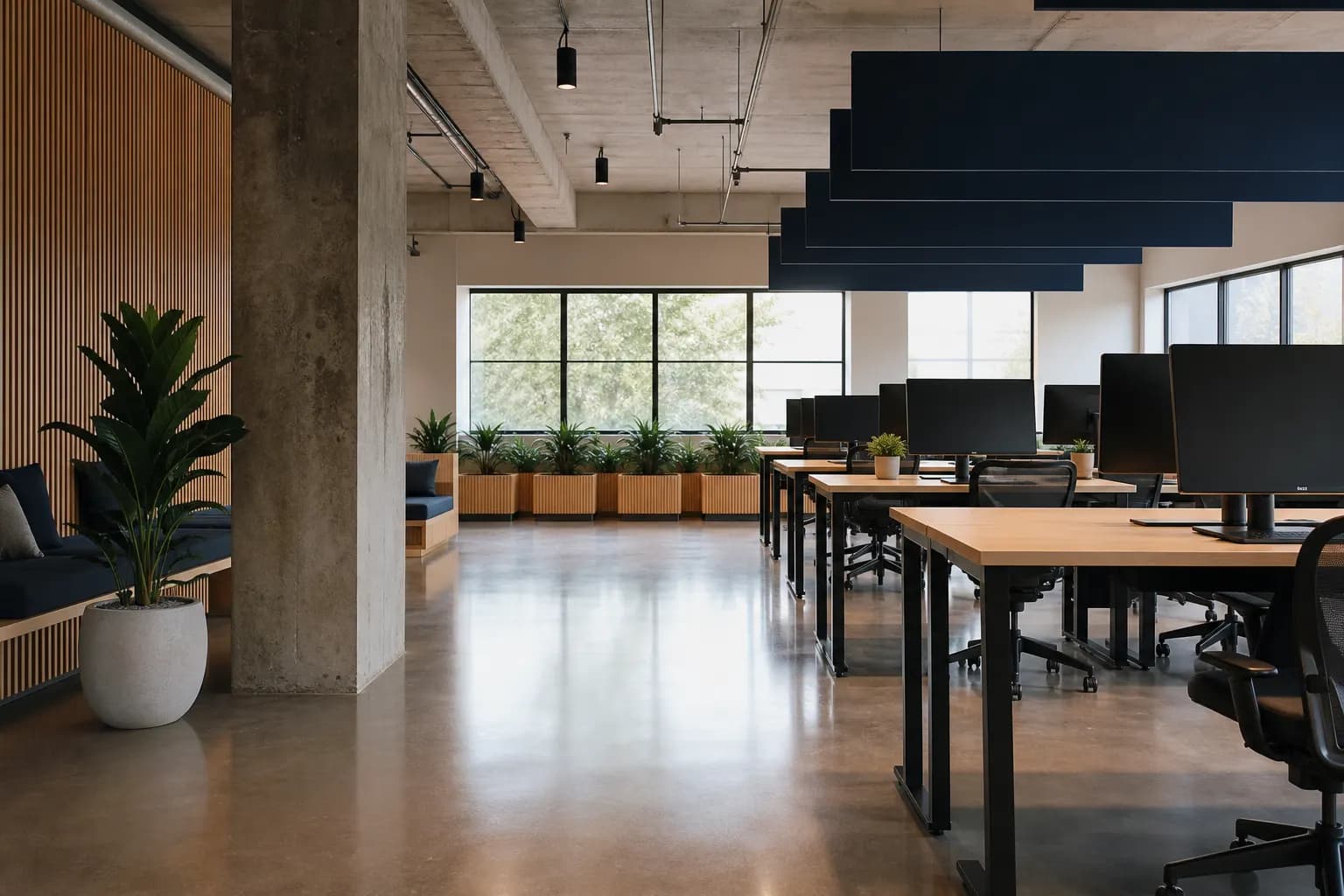 Open-plan coworking desks with natural light